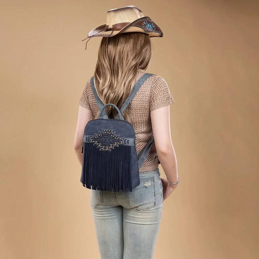 Trinity Ranch Aztec Tooled Fringe Concealed Carry Backpack Navy